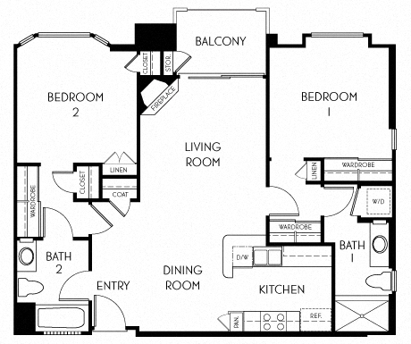 2 bedroom 2 bathroom Floor plan A at The Adler Apartments, Los Angeles, CA